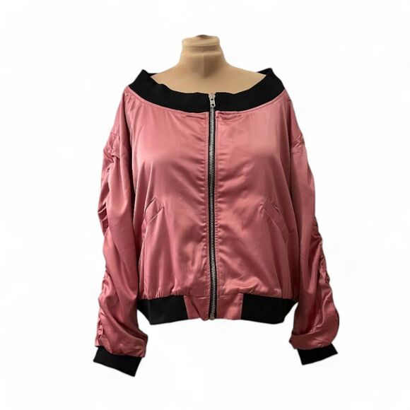 HAYDEN Off Shoulder Rouched Sleeve Pink Satin Jacket NWT, Size XL - Picture 2 of 9